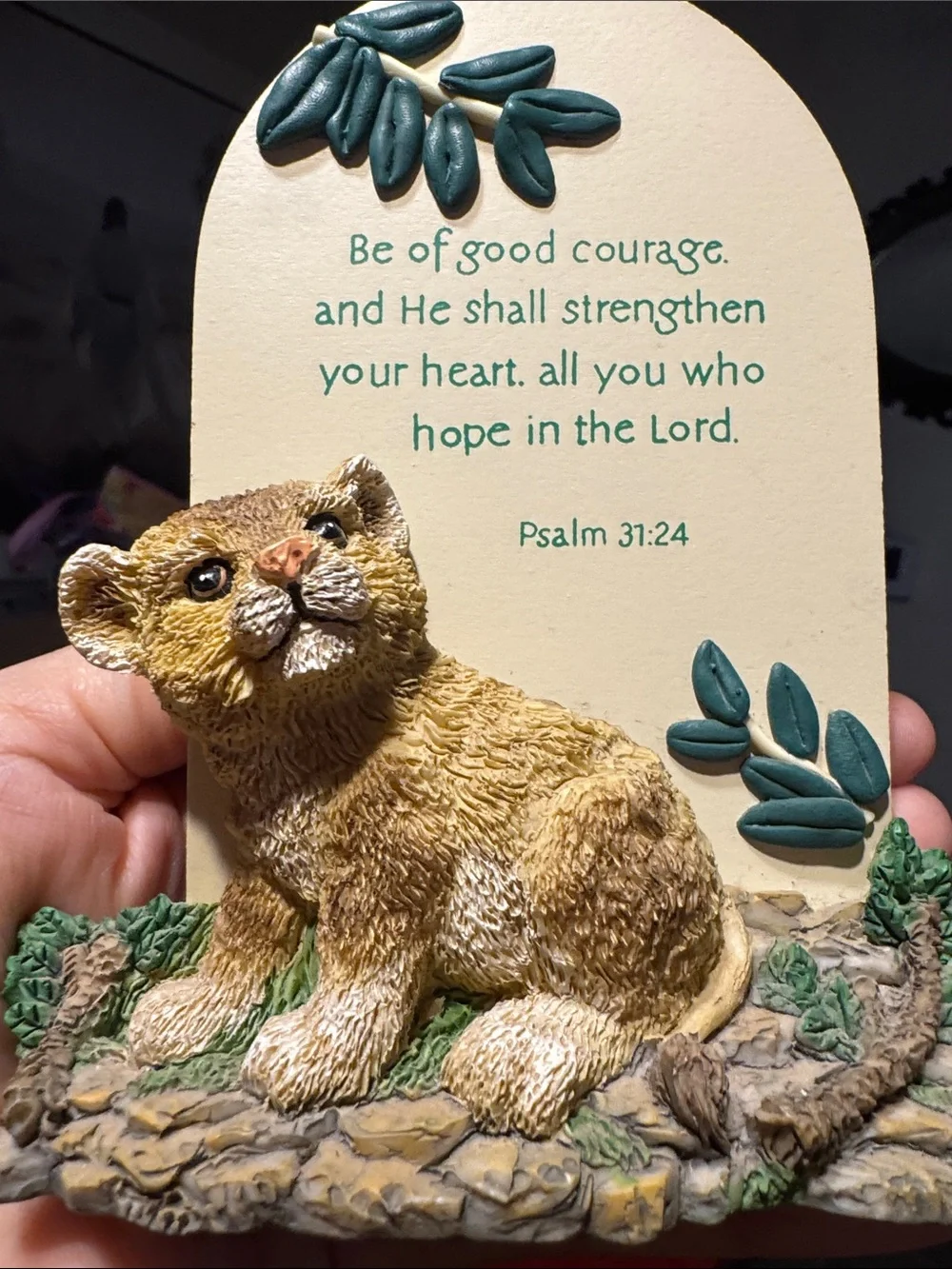 Psalm 31:24 Lion Cub Standing Plaque - Cream and Tan